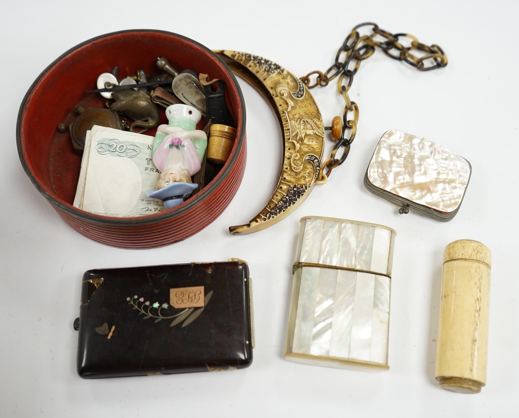 A carved wood novelty money bank, two walnut tea canisters, a giltwood plinth, a 1930’s handbag frame, and mixed collectables etc, gilt base 15cm x 12cm. Condition - poor to good